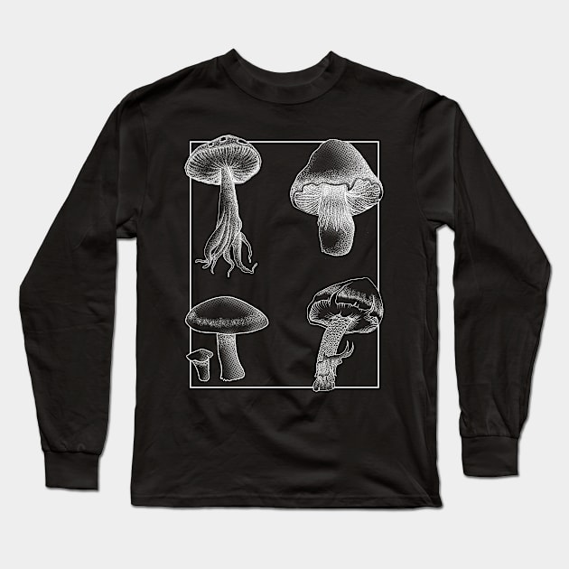 Botanical Mushrooms white lineart Long Sleeve T-Shirt by leepianti